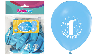 Happy Birthday 1 YAŞ Baskılı Açık Mavi Balon 16 lı
