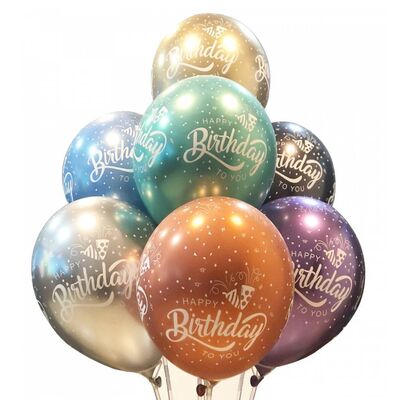 Mirror Krom Happy Birthday Baskılı Karışık Renk Latex Balon 6 Adet