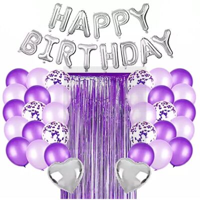 Happy Birthday Gümüş Mor Konsept Doğum Günü Balon Setii