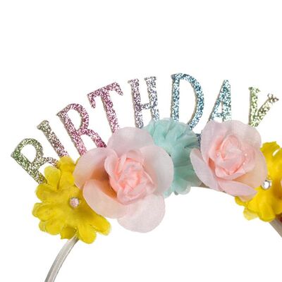 Happy Birthday Pırıltılı Çiçekli Soft Renklerde Taç