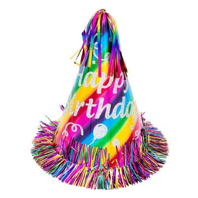 Happy Birthday Püsküllü Renkli Karton Şapka 26 cm 1 Adet