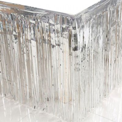 Metalik Püsküllü Gümüş Masa Eteği 70x300 cm